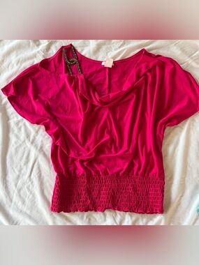 Women’s 2000s Hot Pink Drape-Neck Top with Smocked Waist